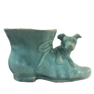 Vintage USA Pottery Blue Ceramic Shoe With Dog Planter‎ With Bow